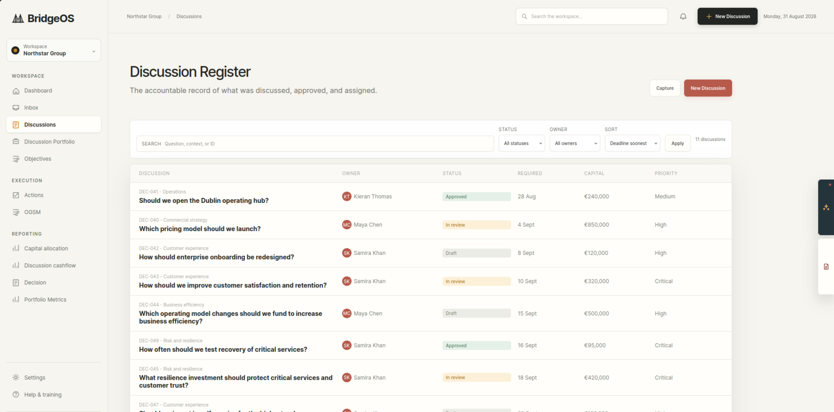 The BridgeOS decision register: every decision, its owner, rationale, evidence and approval status in one list