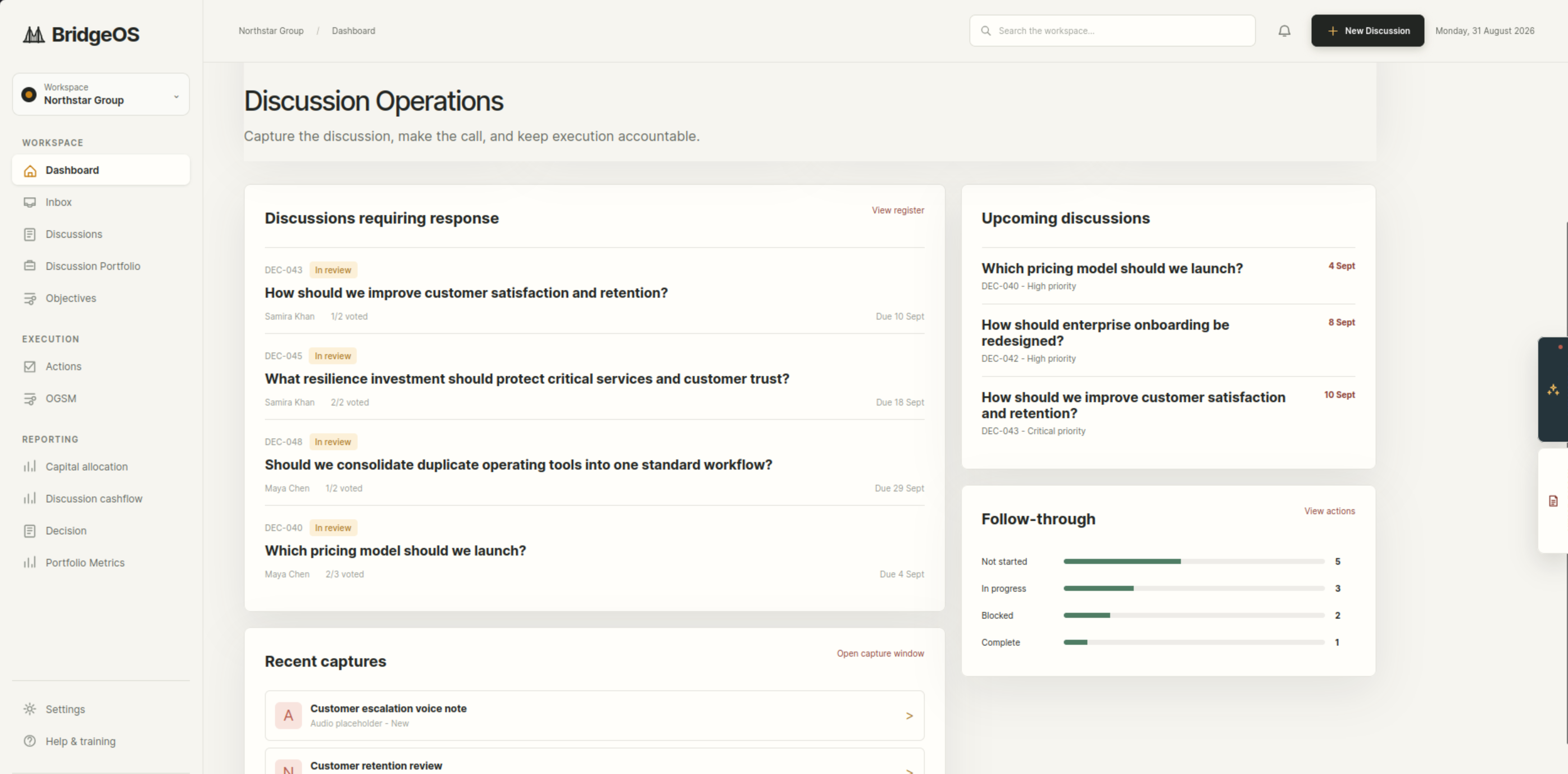 The BridgeOS decision discussion view: AI assistant capturing reasoning, evidence and open questions